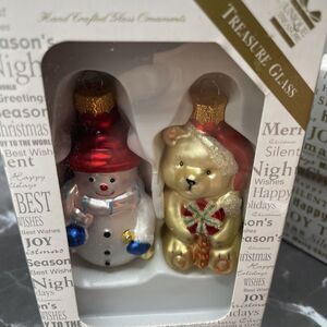 Unique‎ Treasures Set 2 Hand Blown Glass Christmas Ornaments Bear Snowman 3" New